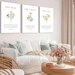 3Pcs Christian Bible Verse Floral Canvas Framed Wall Art PicturesThe Way