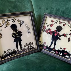  Reproduction reverse-painted silhouette tinsel art Victorian boy and girl