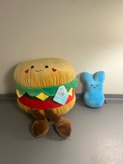 HugMe Cheeseburger Plush & Blue Bunny Plush Lot Stuffed Food Toy