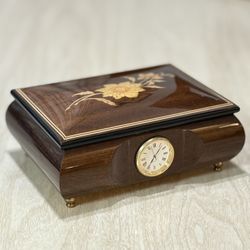 Wooden Music Jewelry Box w/ Clock – Engraved Retirement Keepsake