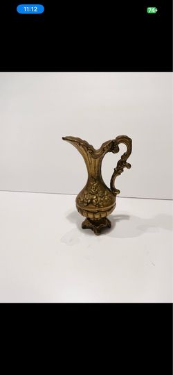 Antique Solid Brass Ornate Decorative Small Pitcher 6.5” Heavy. Beautiful brass antique pitcher is in good condition. Size is 6.5”-4.5”