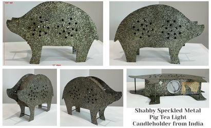 Shabby Speckled Metal Pig Tea Light Candleholder from India