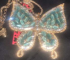 Betsy Johnson green white crystal butterfly pendant brooch necklace