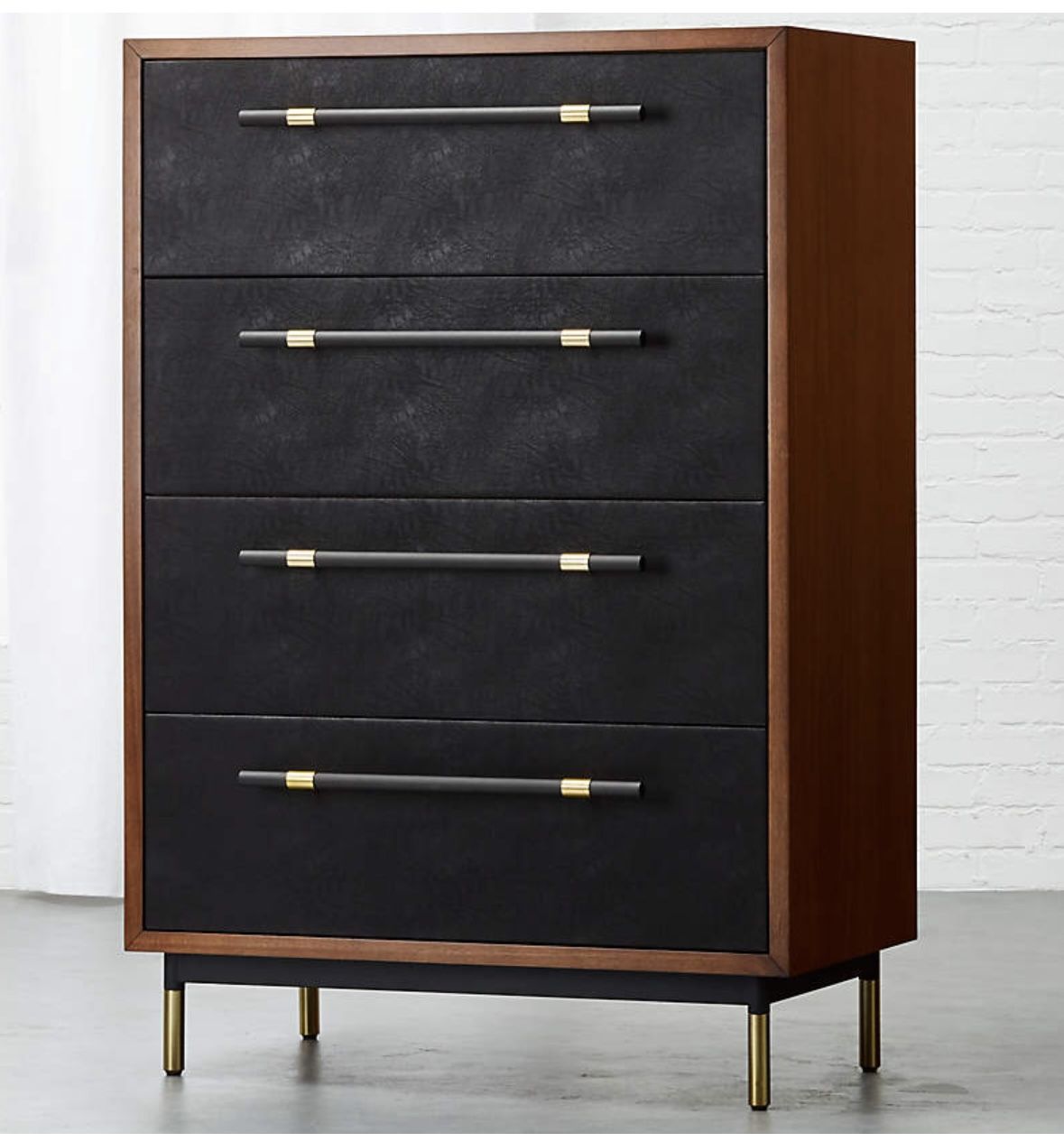 CB2 Oberlin Tall 4-Drawer Black Leather and Wood Dresser