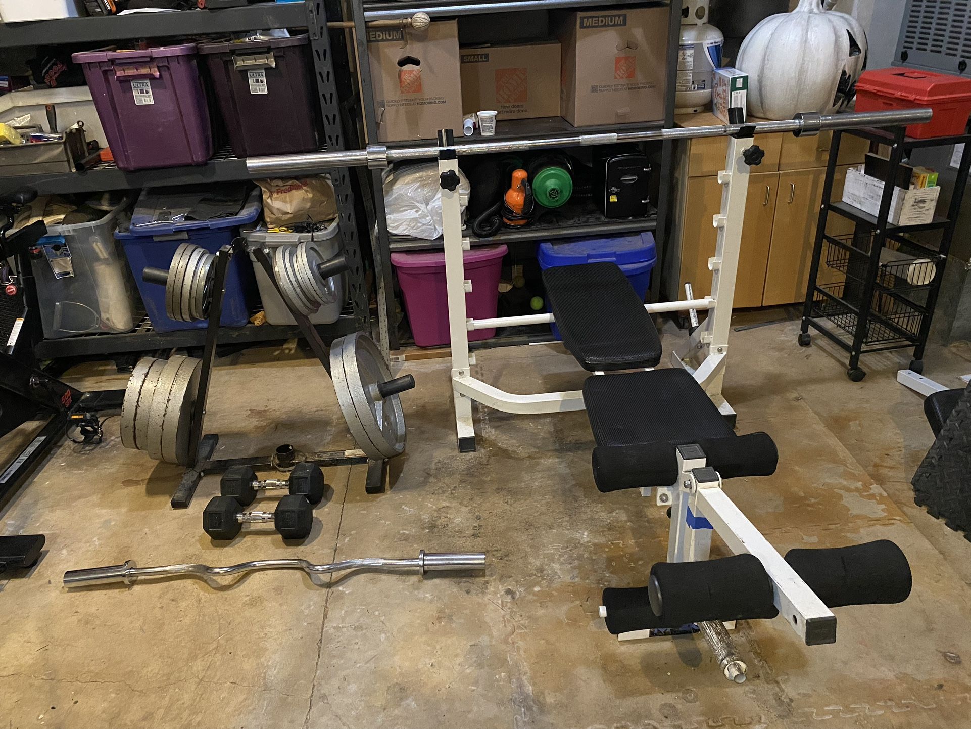 Bench With Leg Extension, Weights, Barbell E-Z Curl Bar