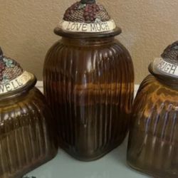 RARE Set of 3 Ribbed Amber Glass Canisters Live Well Love Much Laugh Often Grape