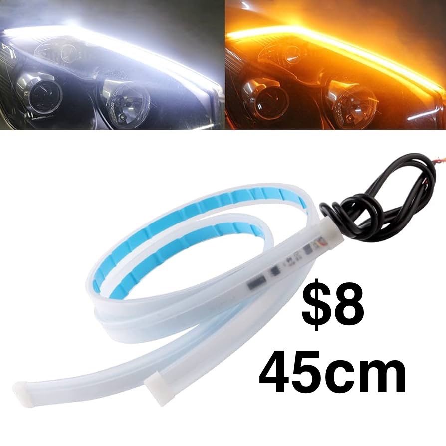 Qasim 2-Pack 17.7" Flexible LED DRL Car Lights with Sequential Guide, Turn Signal Light for Headlights, Waterproof, White and Yellow