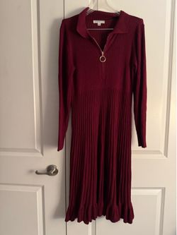 Robbie Bee Wine Ribbed Long-Sleeve Midi Dress with Zip Collar size xl