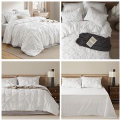 Queen Comforter Set White - Bed in a Bag Queen Size 7 Pieces, GentleSoft™ Pintuck Bed Set Gift for Family, Pinch Pleat White Comforter with Sheets, Pi