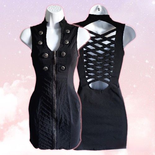 Military Style Zipper Vest Dress With Cross-Hatch Cutout Back