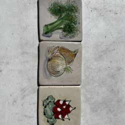 Vintage Hand-Painted Ceramic Vegetable Tiles / Trivets – Set of 3