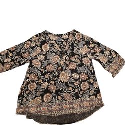 Lucky Brand LA Tunic Blouse Top Black Floral Boho 3/4 Sleeves Paisley Peasant
