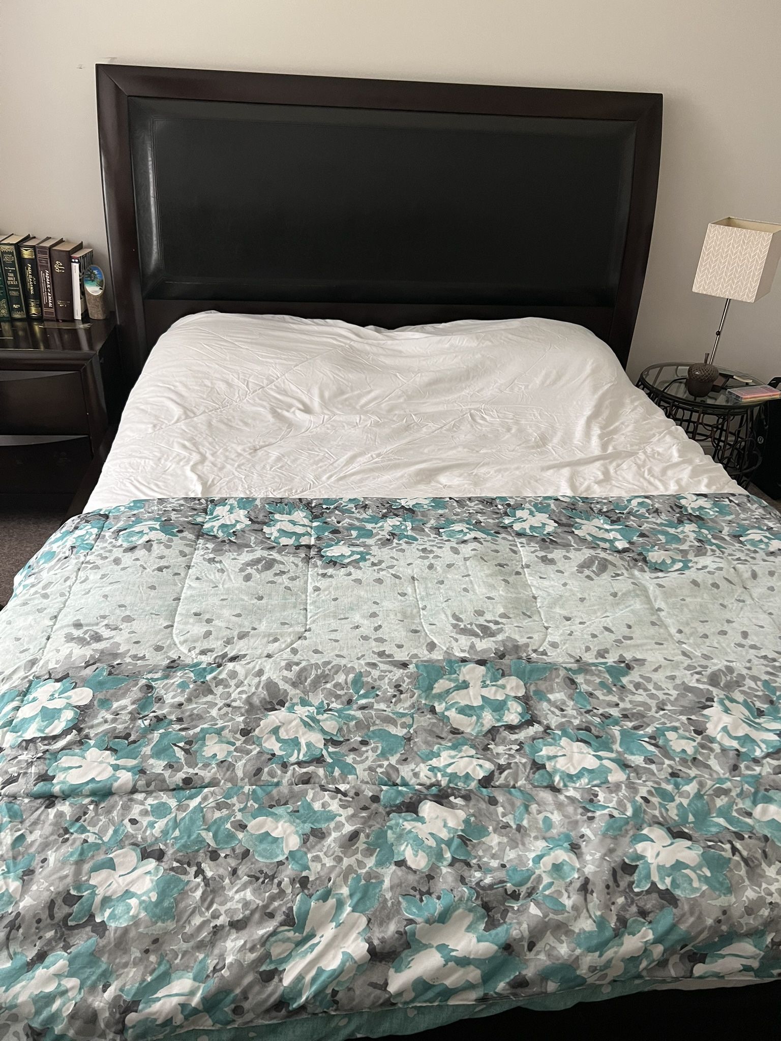 Queen Size Bed Frame - Wood With Leather Padded Head Board