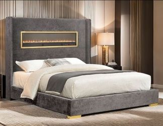 Brand New Grey Queen Bed Frame w Fireplace Simulator (Available in Eastern King)