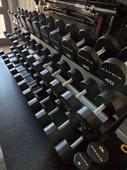 Dumbbells  5-100 Lbs. Matrix Premium Urethane  16 Sided  w/ VTX Rack. READ BELOW. DR0P0FF AVAIL
