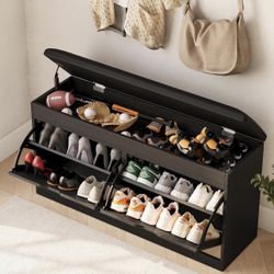 40" Shoe Storage Bench with 2 Flip Drawers & Padded Seat Cushion, Shoe Cabinet with Lift Top Storage Box, Shoe Bench Shoe Organizer for Entryway, Hall