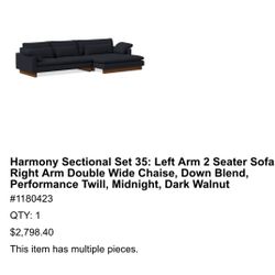 Harmony Sectional Set 35: Left Arm 2 Seater Sofa, Right Arm Double Wide Chaise, Down Blend, Performance Twill, Midnight, Dark Walnut