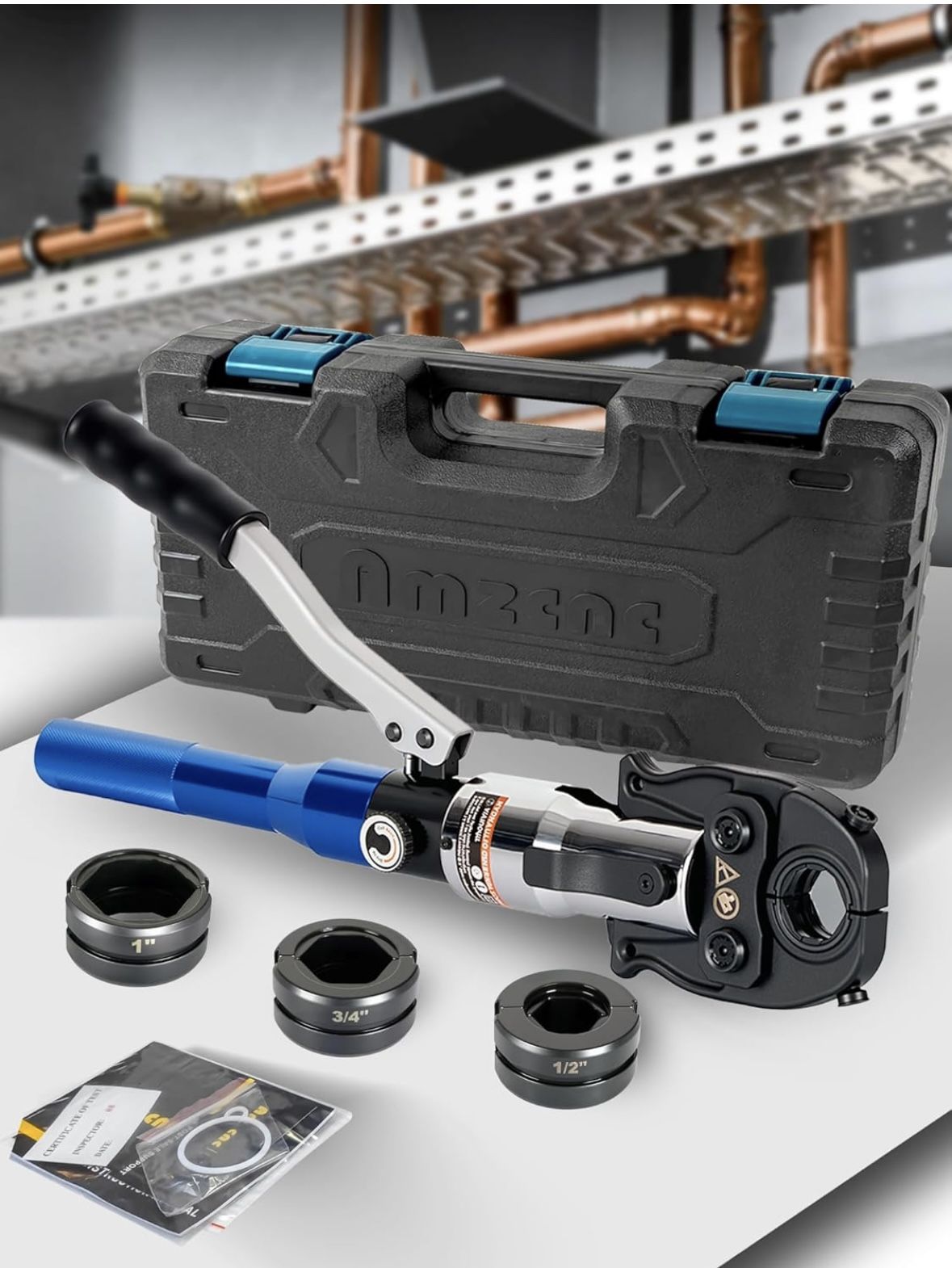 AMZCNC ProPress Tool Kit,Copper Tube Fittings Hydraulic Pipe Crimping Tool with 1/2 inch,3/4 inch and 1 inch Jaw Copper Pipe Press Crimpers Pressing P