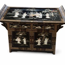 Vintage Chinese Lacquer Cabinet w/ Raised Hardstone Figural Inlay Sideboard CHINOISERIE