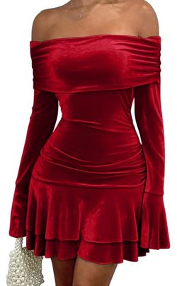 Red Velvet Off-Shoulder Long Sleeve Dress