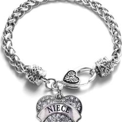 NEW! Silver Braided Bracelet with NIECE Heart Charm w/Cubic Zirconia, 9", lobster claw clasp