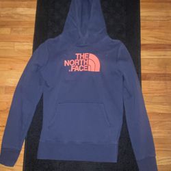 The North Face Hoodie Womens XS Blue Orange Fleece Pullover Graphic Sweater