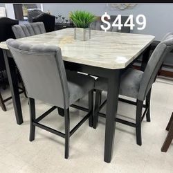 5-pc Counter Height Dining Table Set White Faux Marble Table Top And Grey Velvet Upholstered Chairs 
