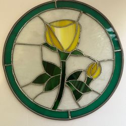 Vintage Stained Glass Yellow Rose Suncatcher