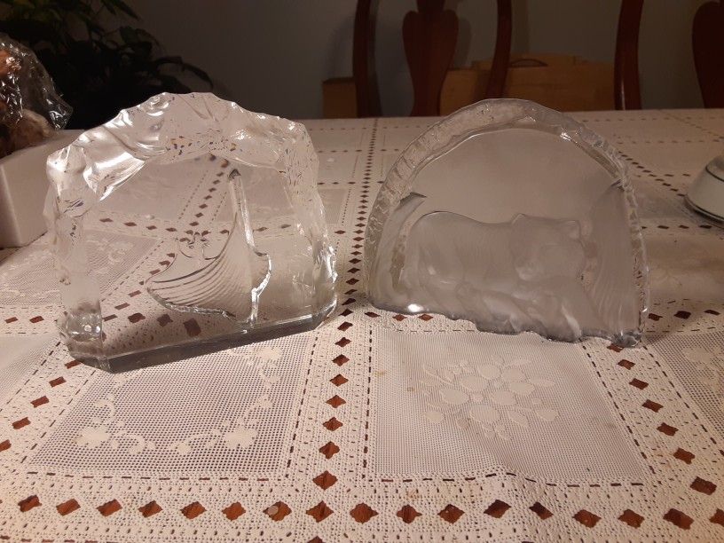TWO REALLY NEAT LOOKING CRYSTAL GLASS PAPER WEIGHTS NICE AND THICK