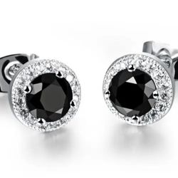 Exquisite Paved Round Cut 14K White Gold-Plated Black Cubic Zirconia Cluster 10mm Men Women Stud Earrings 