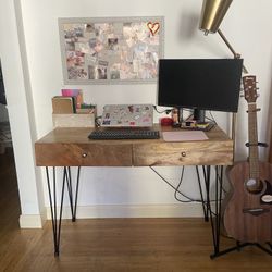 Rustic Modern Wood Desk with Hairpin Legs – 2 Drawer Writing Table
