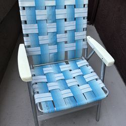 Mid Century Aluminum Lawn Chair with Blue and white webbing