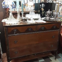 Antique Walnut 4 Drawer Dresser With Mirror-Located In 