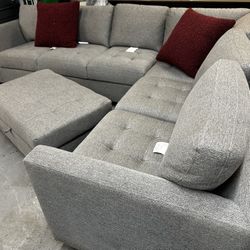 Sectional Sofa With Storage Ottoman Thomasville Brand Light Grey 