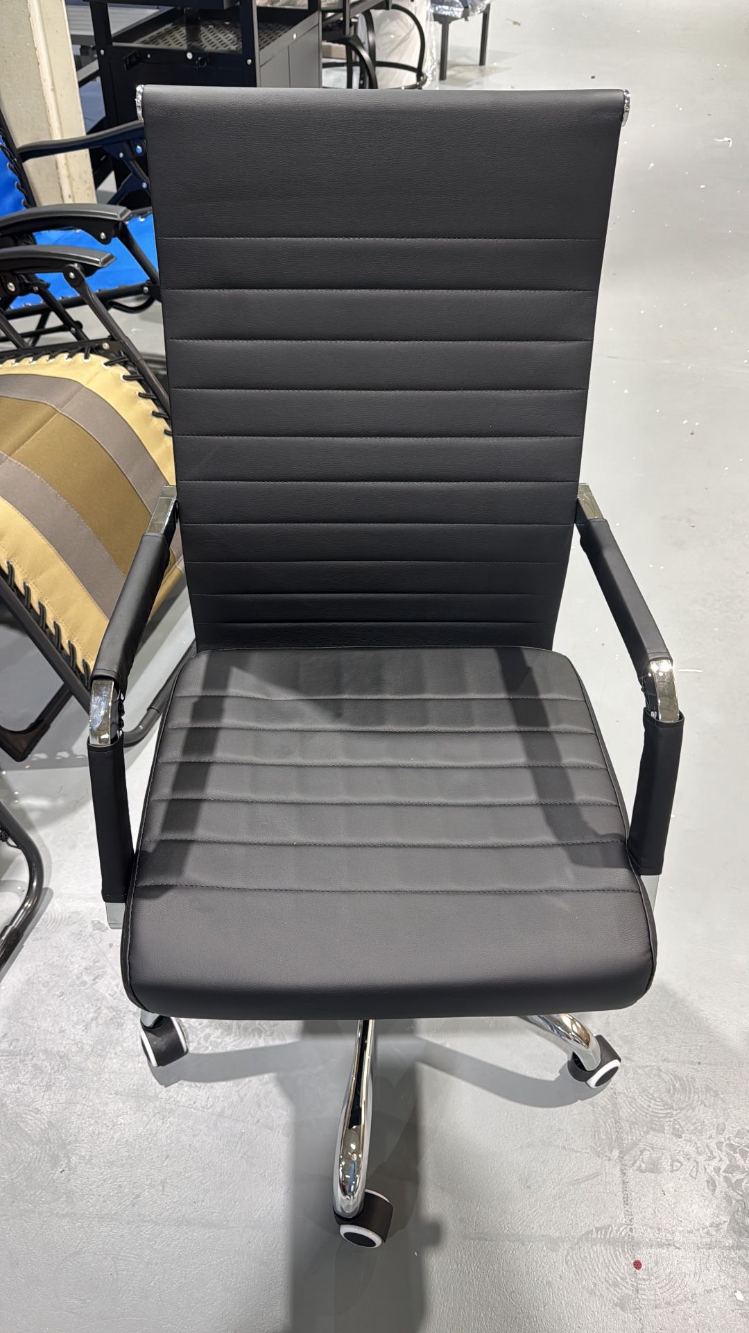 New Ribbed Office Desk Chair Mid-Back PU Leather Executive Conference Task Chair Adjustable Swivel Chair with Arms (Black)