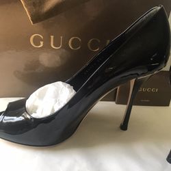 Auth Gucci Stiletto 38.5 Black  Leather Patton Open Toe Made In Italy NIB Dust Bags 