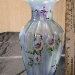 Fenton Misty Blue Floral Melon Vase dated 1997 - Holmdel NJ 