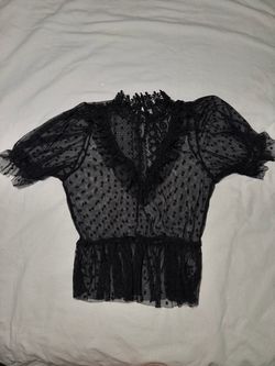 Black Sheer Lace Polka Dot Puff Sleeve Top