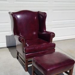 Genuine Leather Wingback Armchair Accent Chair & Ottoman