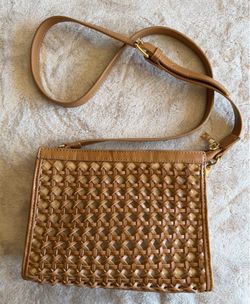 JustFab Tan Small Woven Crossbody Bag, Gold Hardware, Zip Closure, Pockets