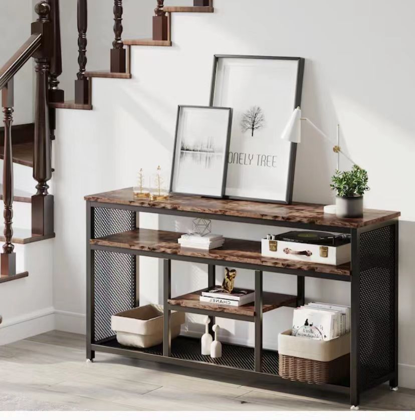 59 Inch Rustic Console Table, 4-Tier Sofa Table TV Stand with Storage Shelves for Living Room 