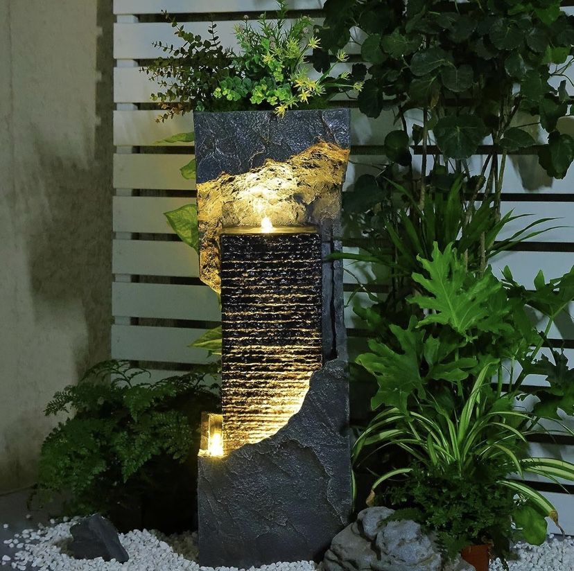 35.4 Inch Water Fountains Indoor Waterfall with Lights Pump, Outdoor Garden Waterfalls Floor Standing Fountain for Patio Backyard Porch Entryway Home