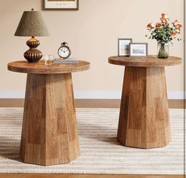 Set Of Two Round End Table, Wooden Couch Side Table with Octagonal Base, Rustic Brown Nightstand Pedestal Accent Furniture for Living Room, Bedroom