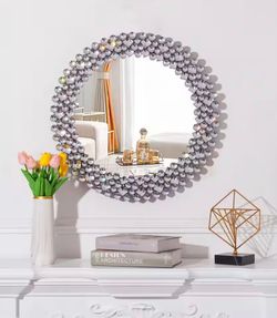 THKSHOUZ 23.6 in. W x 23.6 in. H Round Diamond Mirrors for Wall Decor Crystal Decorative Wall Mirror for Living Room