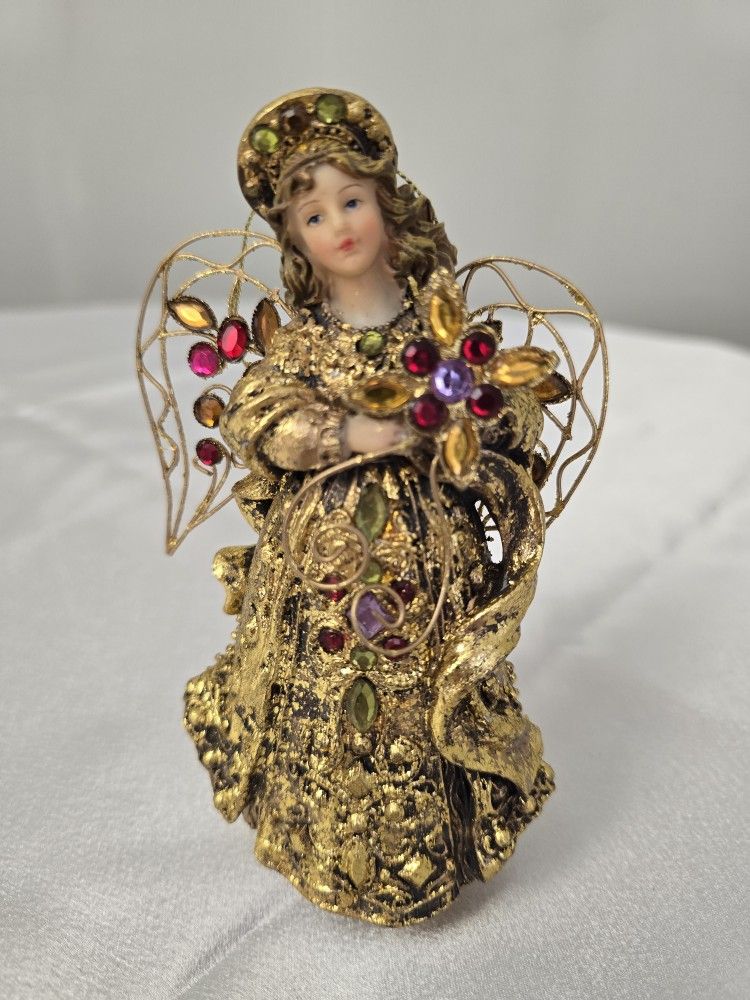 Vtg Gold and Jeweled Ceramic Angel Christmas Tree Ornament 6" NOS Stand Or Hang