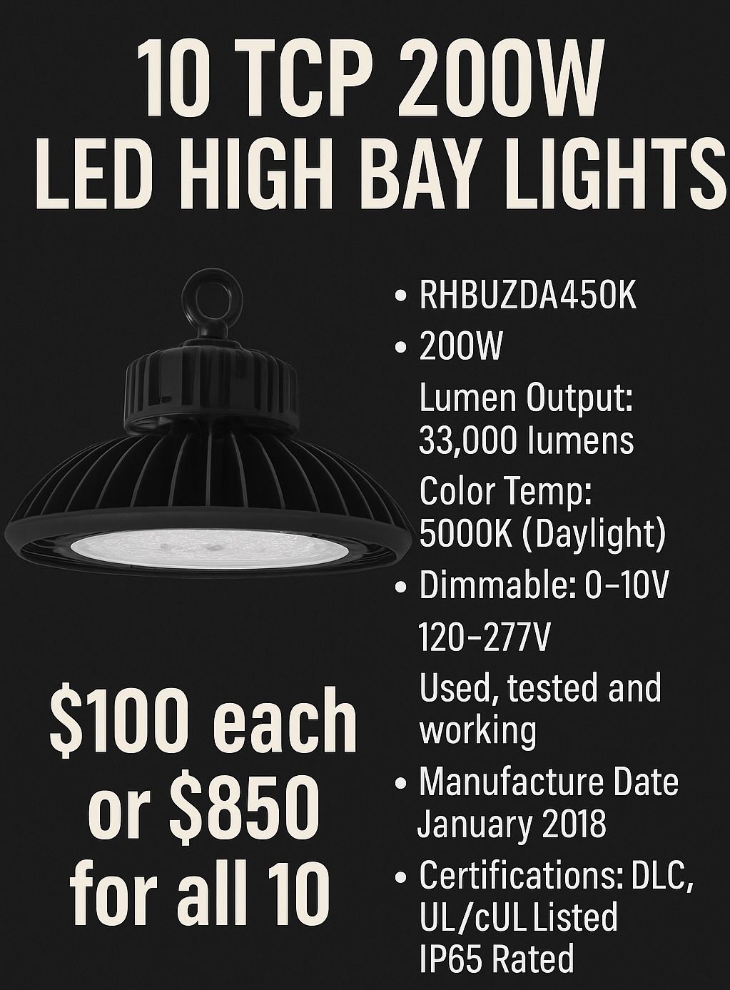 200W TCP LED High Bay Lights – Lot of 10 – Commercial Industrial Lighting