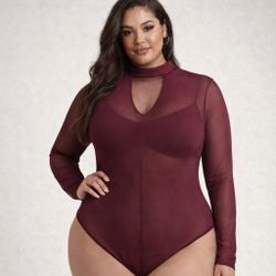 NWOT IRIS Sheer Mesh Long Sleeve Chest Cutout Bodysuit Burgundy Top Juniors 2XL