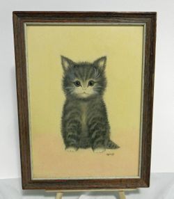 Vintage 1972 10x14" Framed Adorable Kitten Cat Black White Drawing Framed Print