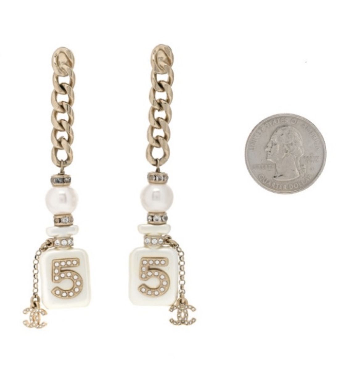 Chanel CC Pearl Resin Crystal No. 5 Perfume Bottle Chain Drop Earrings