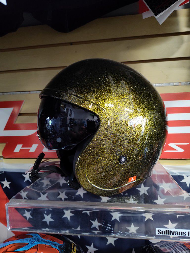 Motorcycle Helmet Open Face Retro Style With Gold Glitter